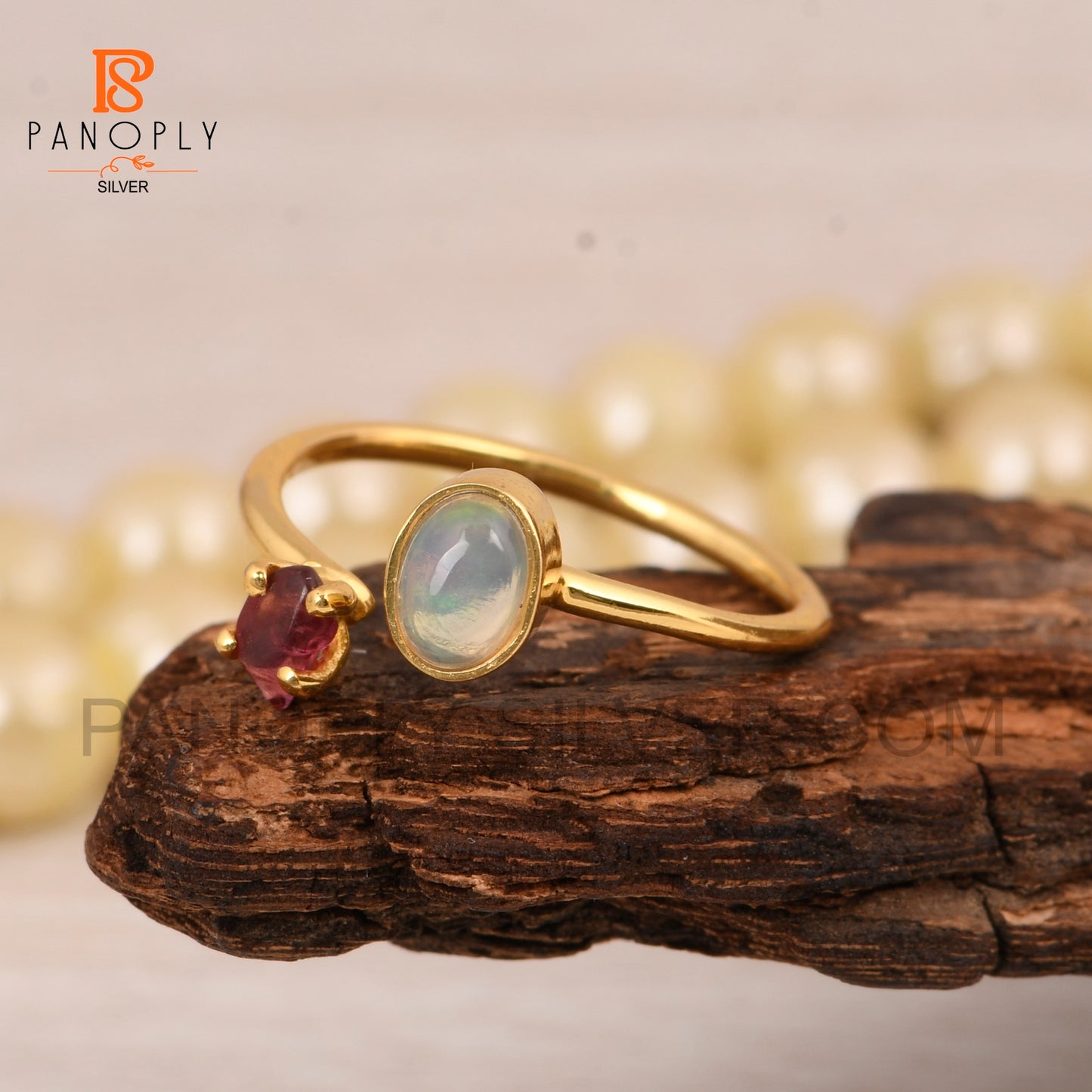 Ethiopian Opal, Spinel Ruby Gem Adjustable Gold Ring 925 Silver