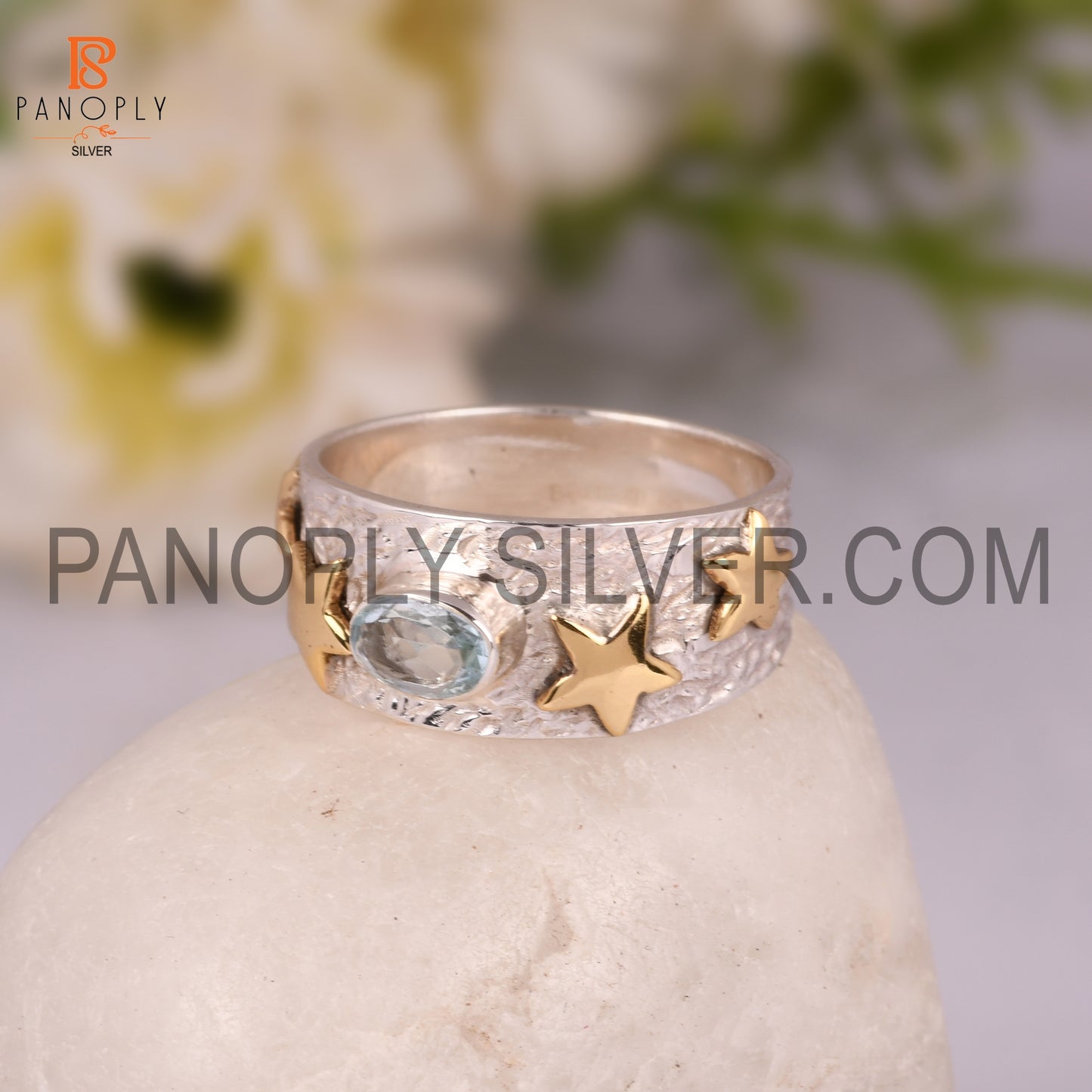 Blue Topaz Gemstone 925 Silver Two Tone  Star Textured Rings