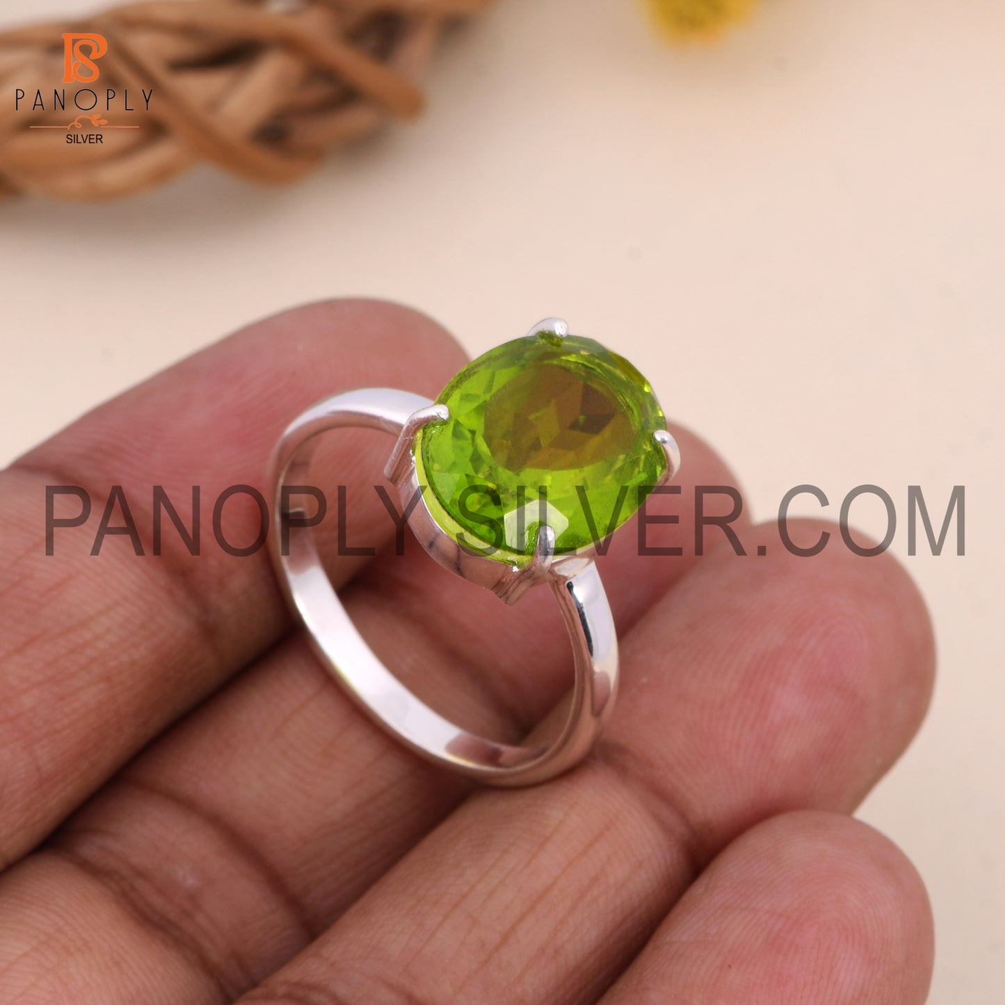 Oval 925 Silver Double Peridot Quartz Gem Prong Set Rings