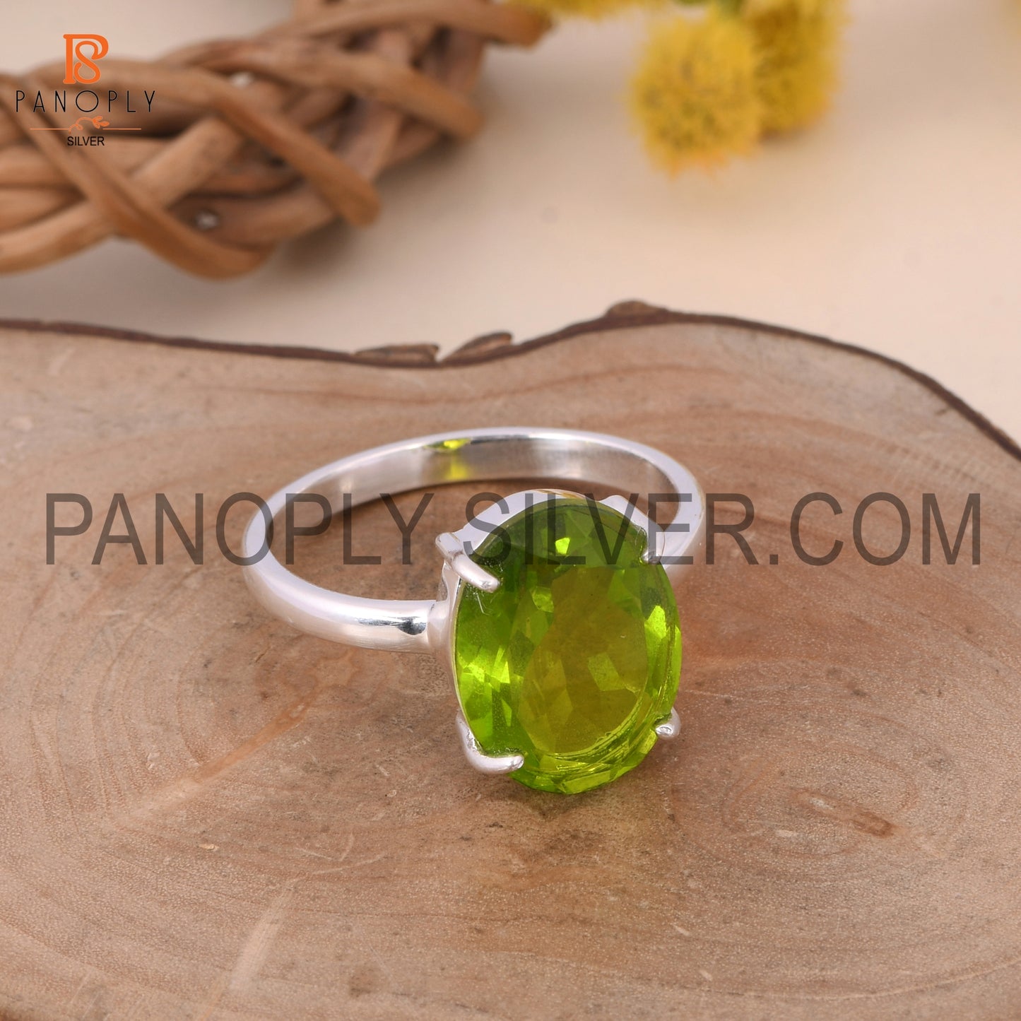 Oval 925 Silver Double Peridot Quartz Gem Prong Set Rings