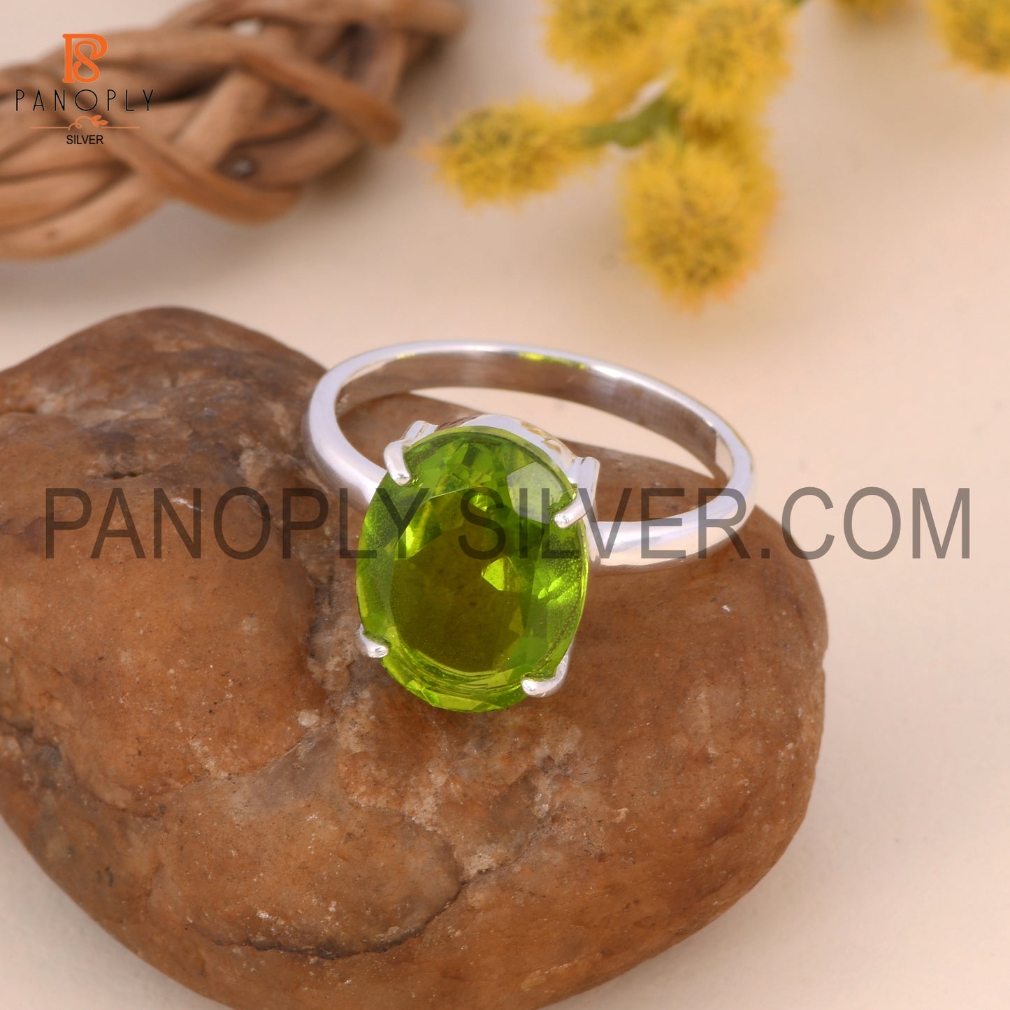 Oval 925 Silver Double Peridot Quartz Gem Prong Set Rings