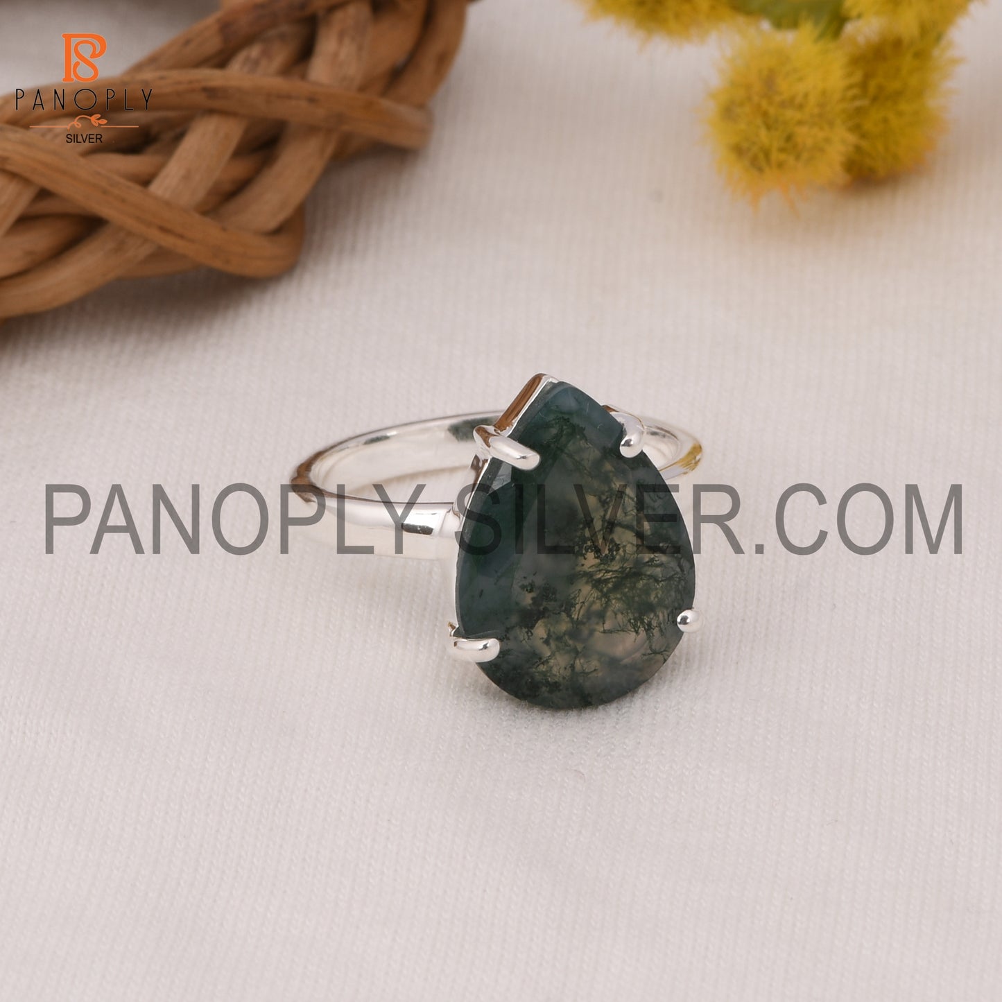 925 Silver Hypoallergenic Moss Agate Engagement Ring