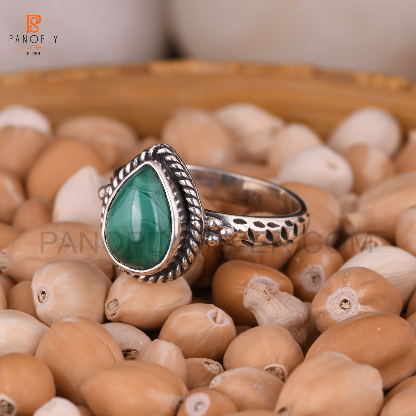 Malachite Pear Shape 925 Silver Wedding Ring