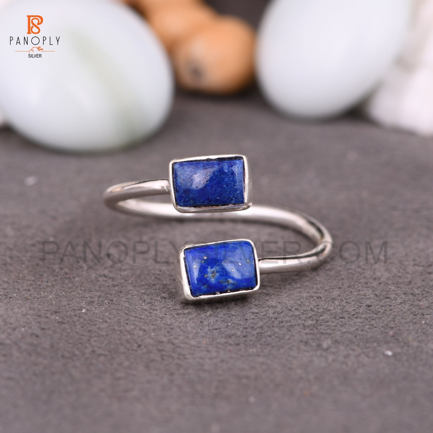 925 Silver Lapis Baguette Shape Adjustable Rings