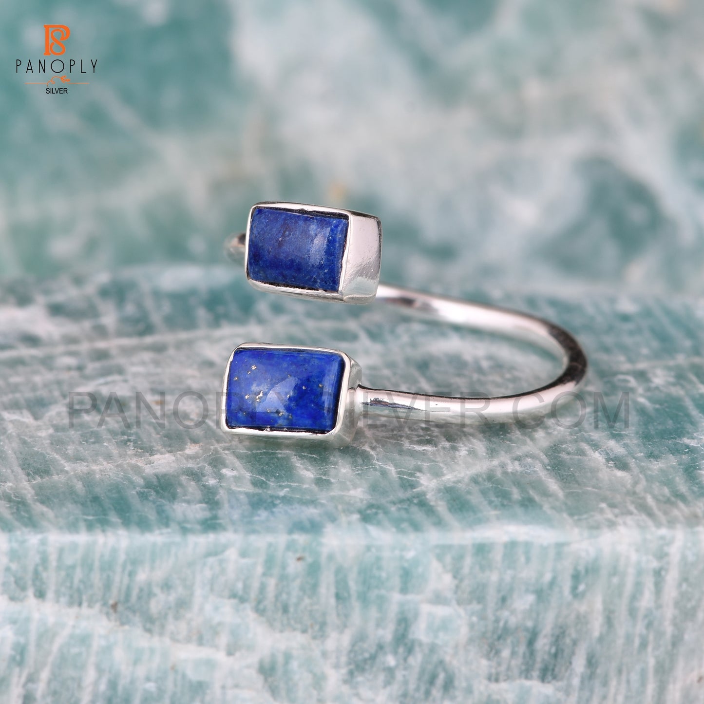 925 Silver Lapis Baguette Shape Adjustable Rings