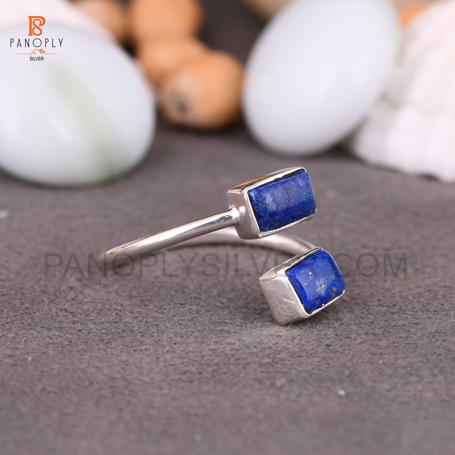 925 Silver Lapis Baguette Shape Adjustable Rings