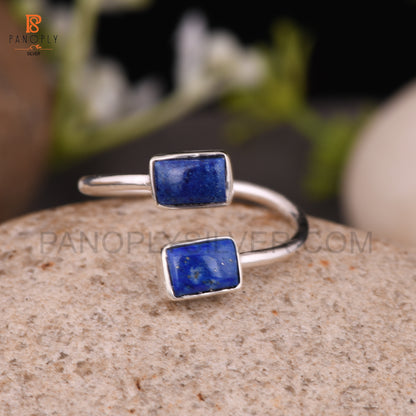 925 Silver Lapis Baguette Shape Adjustable Rings