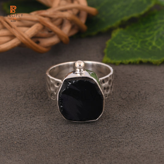 Genuine Raw Black Obsidian 925 Silver Hammered Band Rings