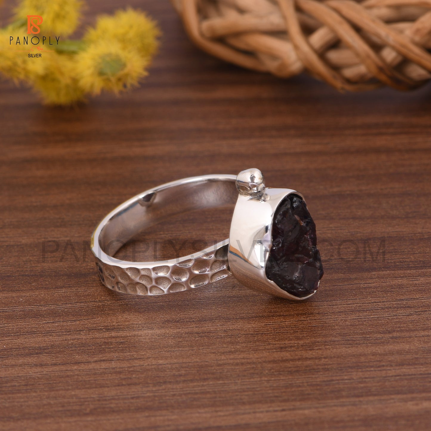 Genuine Raw Garnet 925 Silver Hammered Band Rings