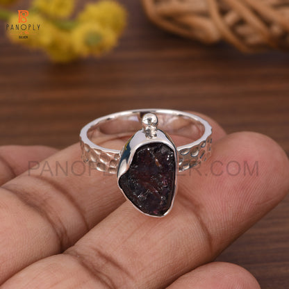 Genuine Raw Garnet 925 Silver Hammered Band Rings