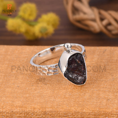 Genuine Raw Garnet 925 Silver Hammered Band Rings