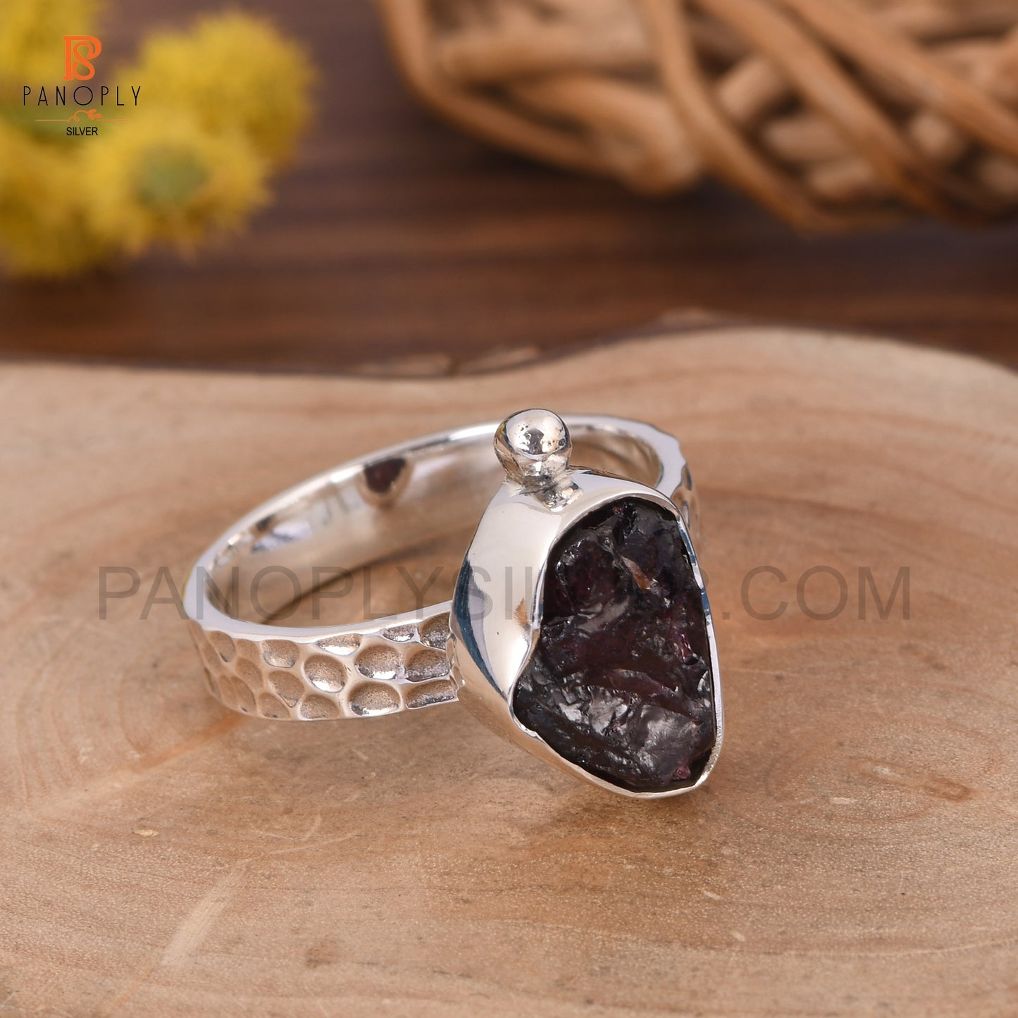 Genuine Raw Garnet 925 Silver Hammered Band Rings