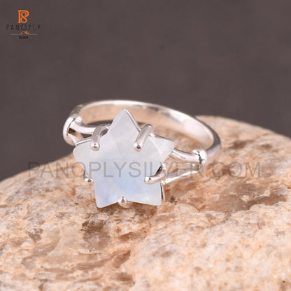 Rainbow Moonstone June Birthstone 925 Quality Silver Star Ring