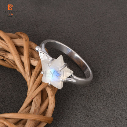 Rainbow Moonstone June Birthstone 925 Quality Silver Star Ring