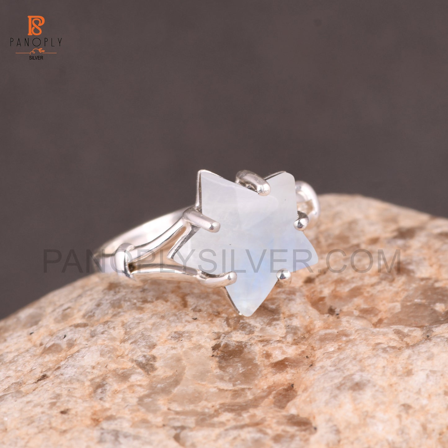 Rainbow Moonstone June Birthstone 925 Quality Silver Star Ring