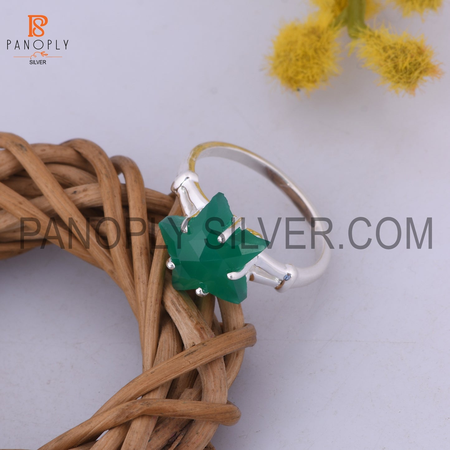 Green Onyx Star 925 Quality  Silver Split Band Rings