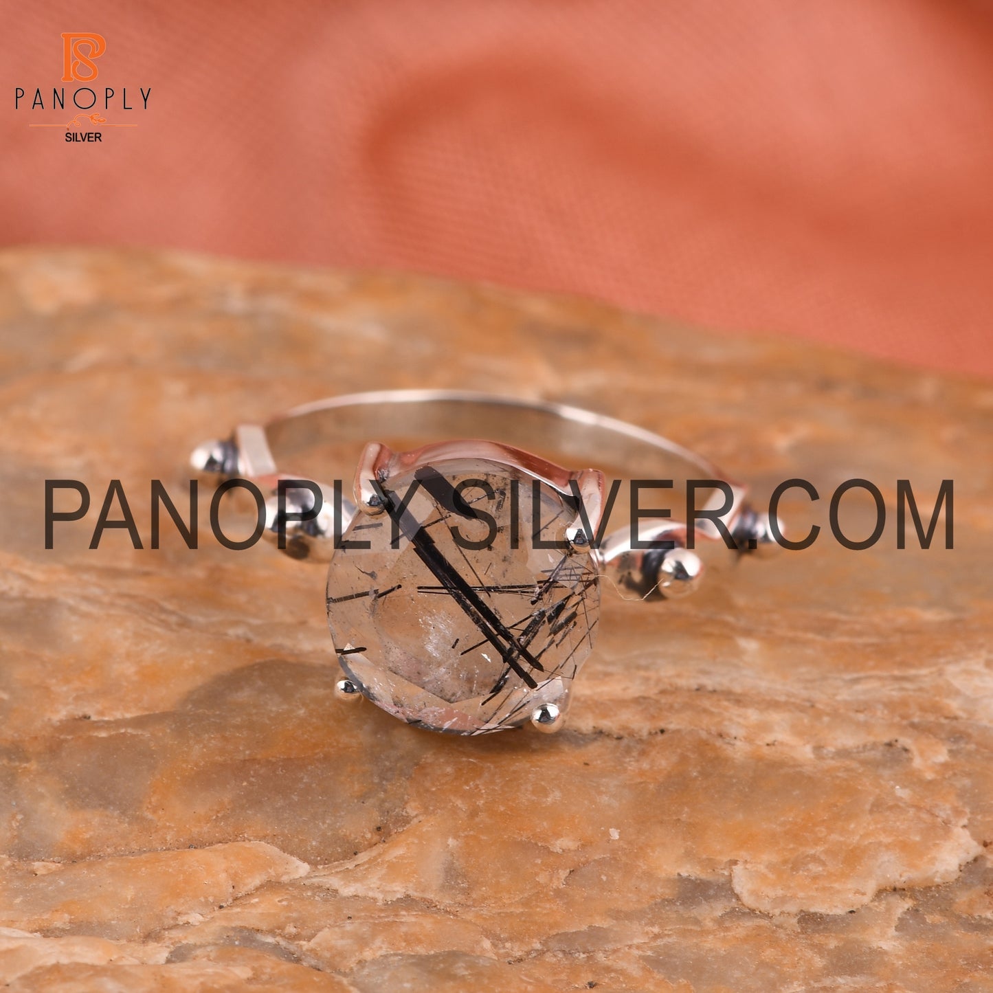 Fabulous White Sterling Silver Ring And Black Rutile