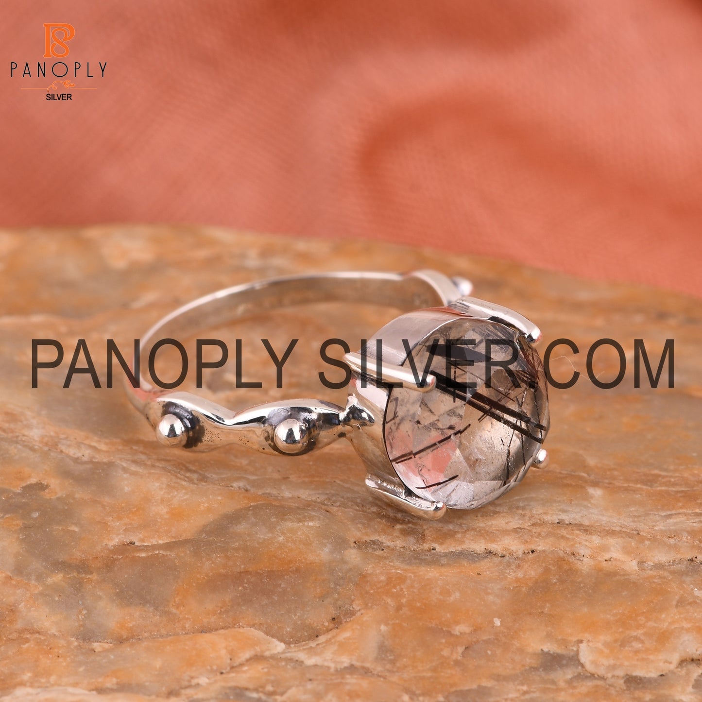 Fabulous White Sterling Silver Ring And Black Rutile