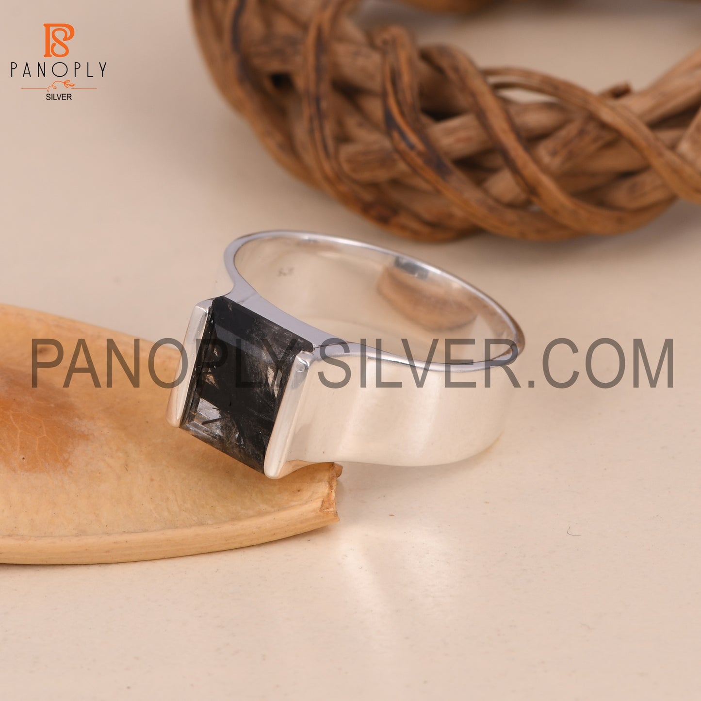 Baguette Cut Black Rutile Fine 925 Silver Ring For Men