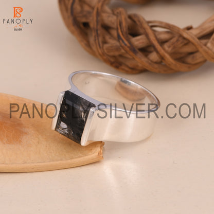 Baguette Cut Black Rutile Fine 925 Silver Ring For Men