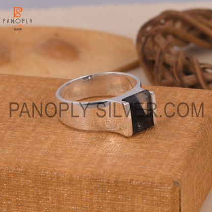 Baguette Cut Black Rutile Fine 925 Silver Ring For Men