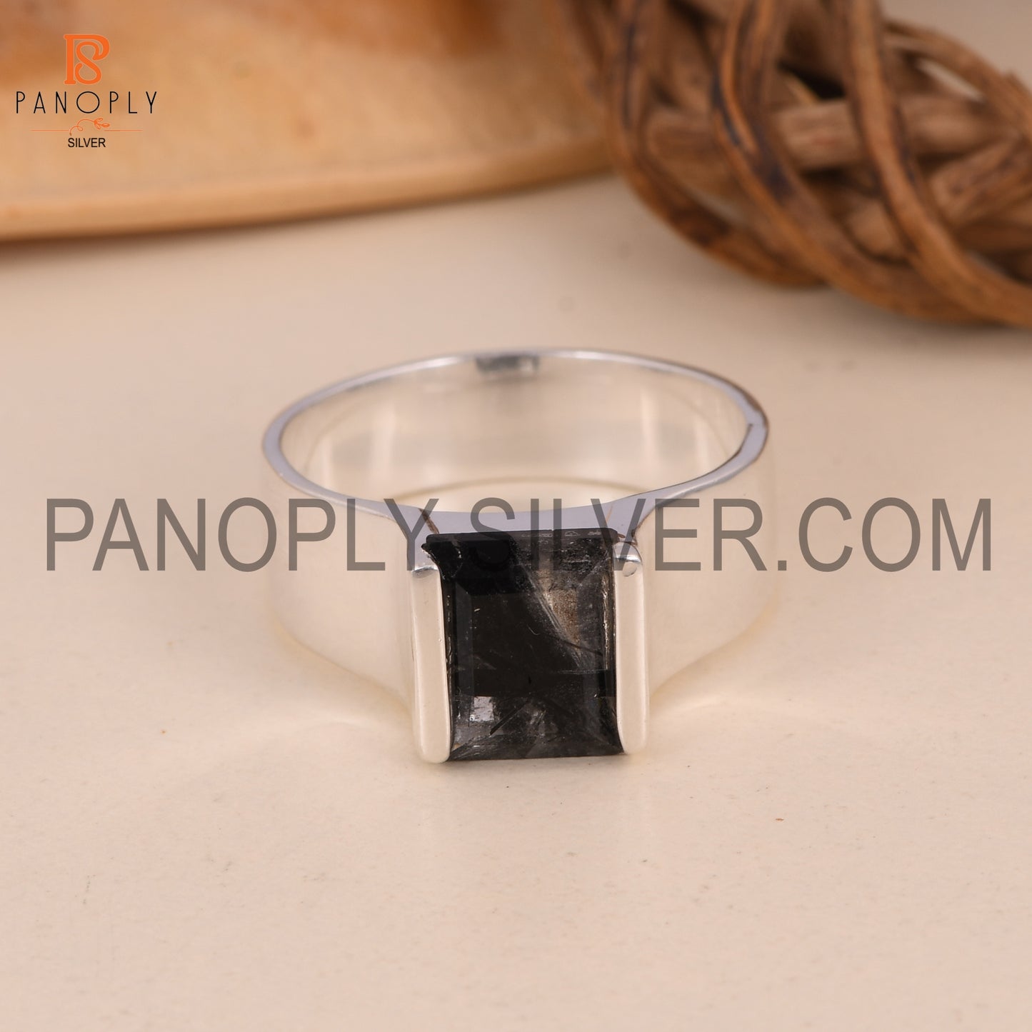 Baguette Cut Black Rutile Fine 925 Silver Ring For Men