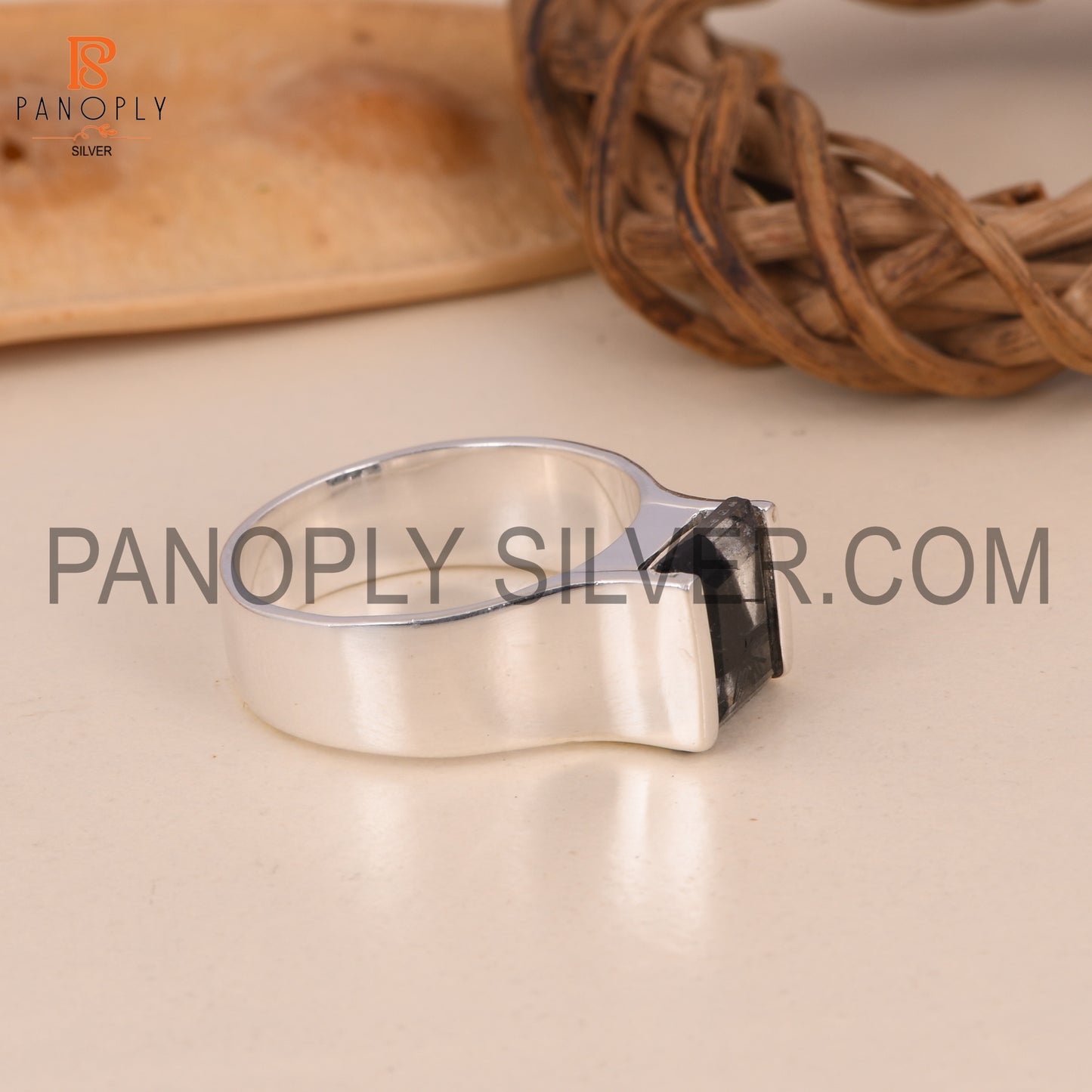 Baguette Cut Black Rutile Fine 925 Silver Ring For Men