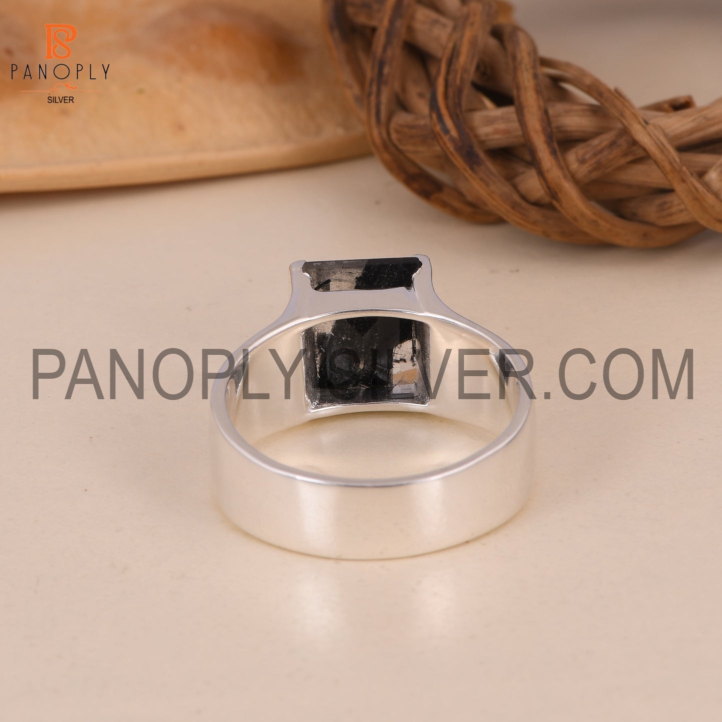 Baguette Cut Black Rutile Fine 925 Silver Ring For Men