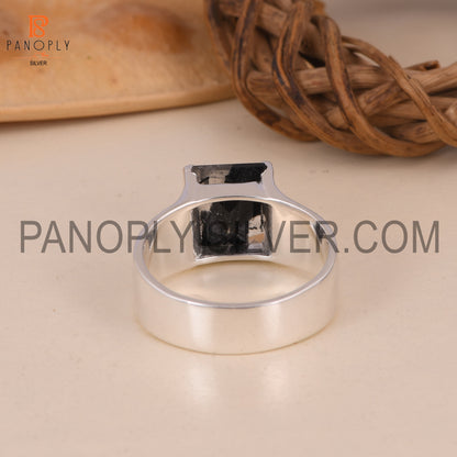 Baguette Cut Black Rutile Fine 925 Silver Ring For Men