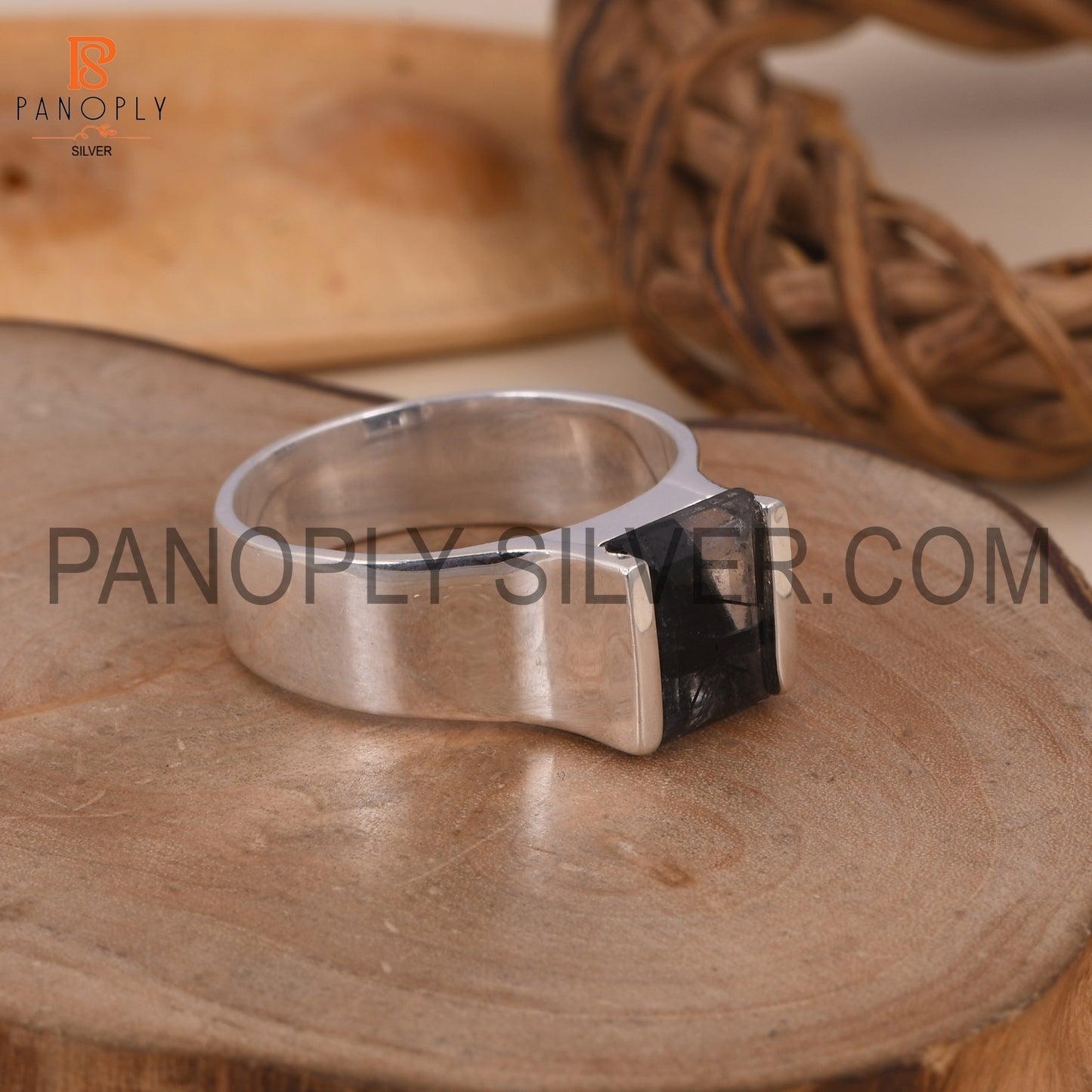 Baguette Cut Black Rutile Fine 925 Silver Ring For Men