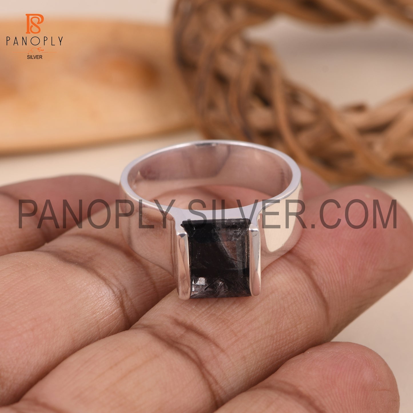 Baguette Cut Black Rutile Fine 925 Silver Ring For Men