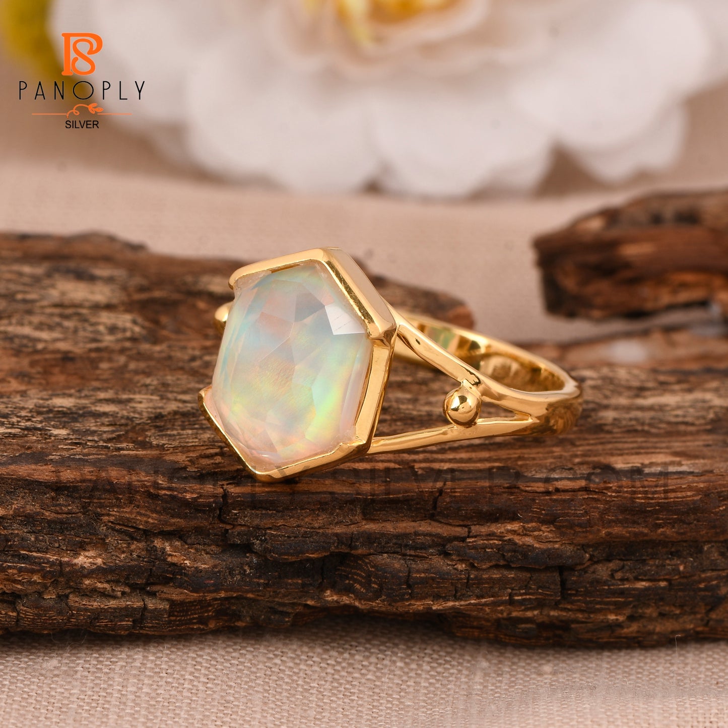 Split Band Aurora Opal White 18k Gold Plated  Wedding Band Ring