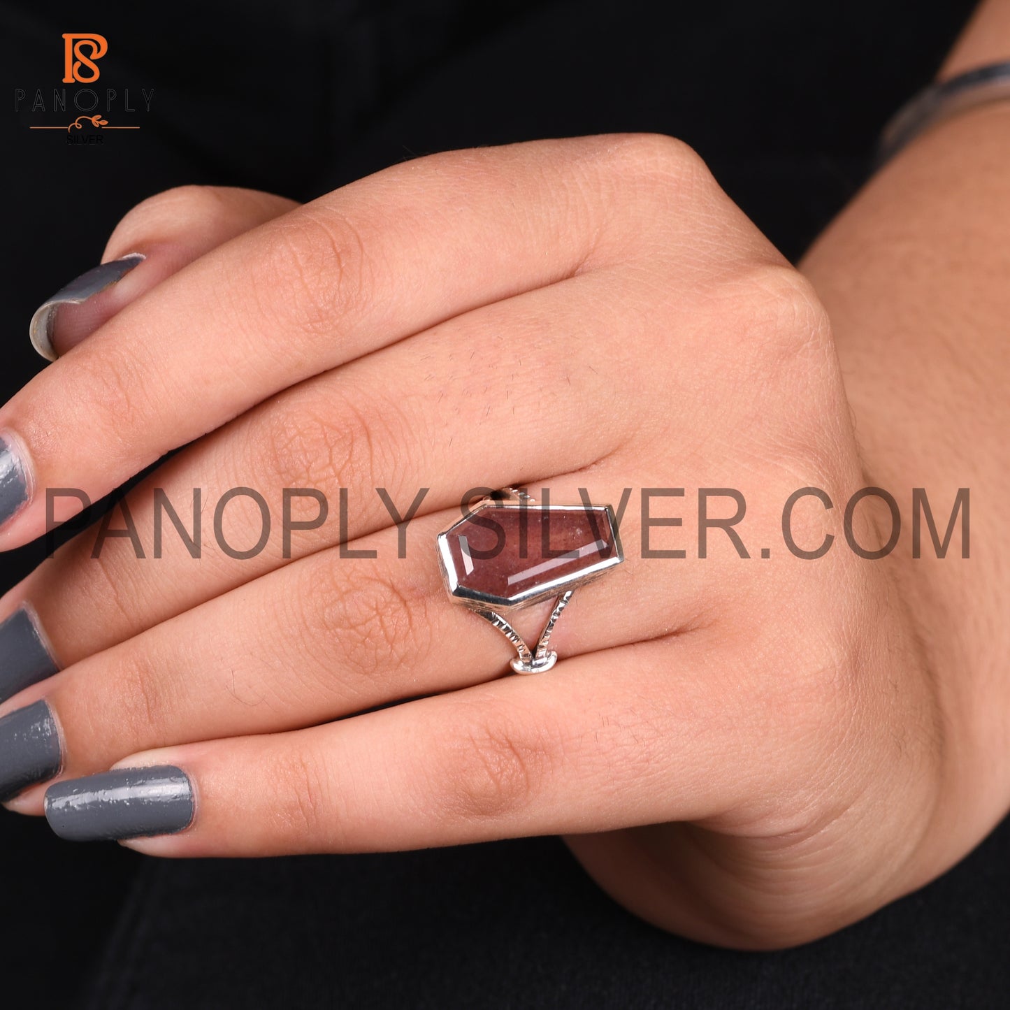 Coffin Cut Strawberry Quartz 925 Silver Rings For Grandmother