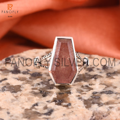 Coffin Cut Strawberry Quartz 925 Silver Rings For Grandmother