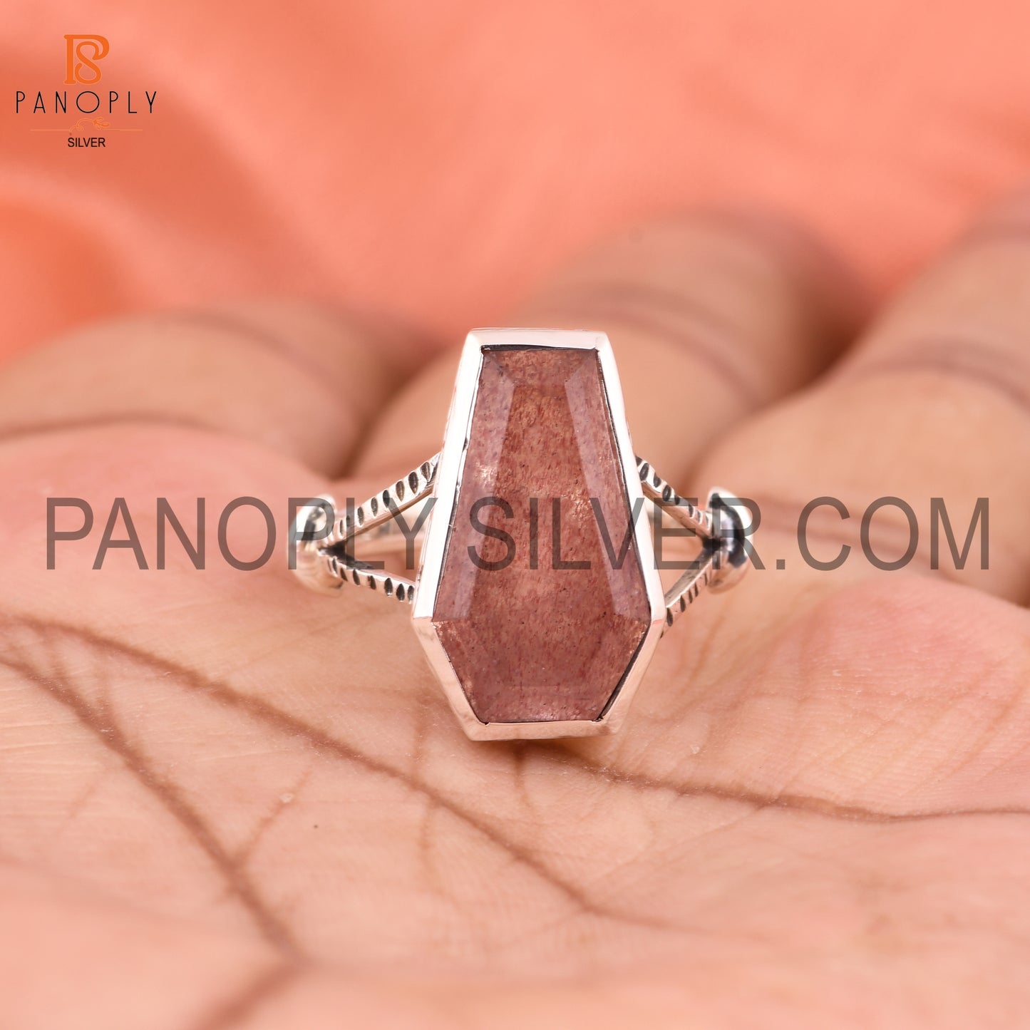 Coffin Cut Strawberry Quartz 925 Silver Rings For Grandmother