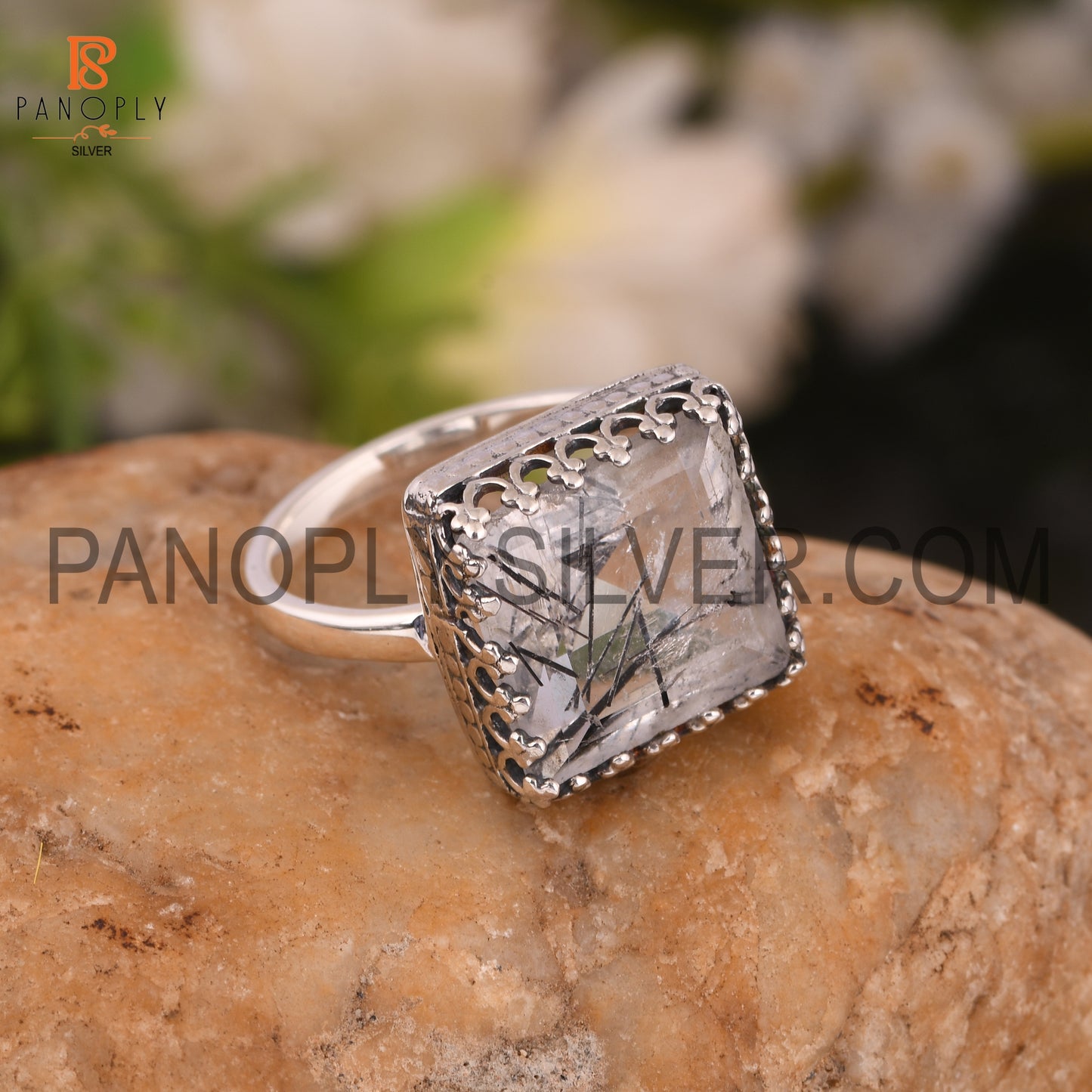 Sterling Silver Ring With Black Rutile Cut Square Stone Ring For Mum