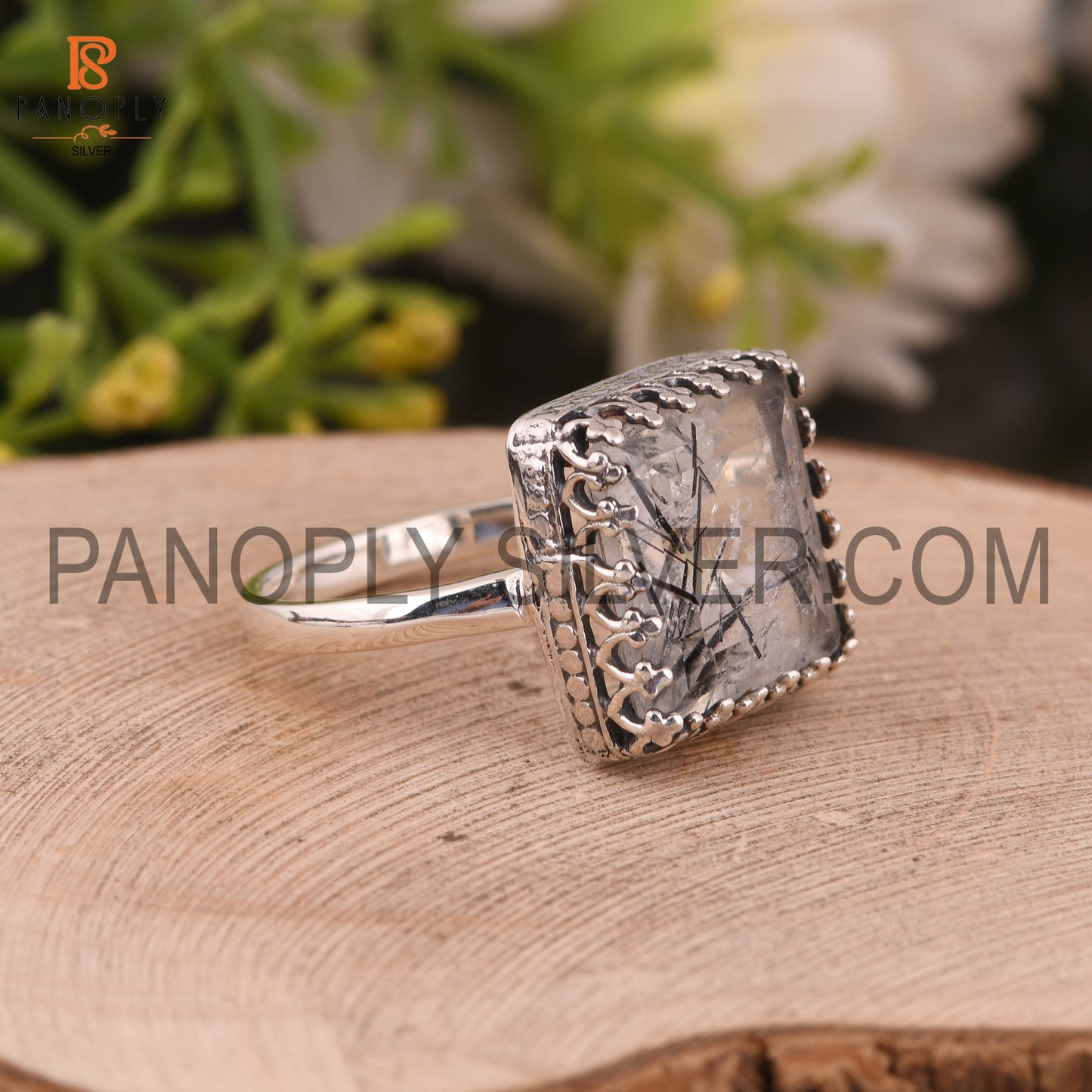 Sterling Silver Ring With Black Rutile Cut Square Stone Ring For Mum