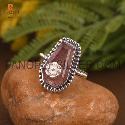 Coffin Cut Strawberry Quartz Set Oxidized 925 Silver Rings