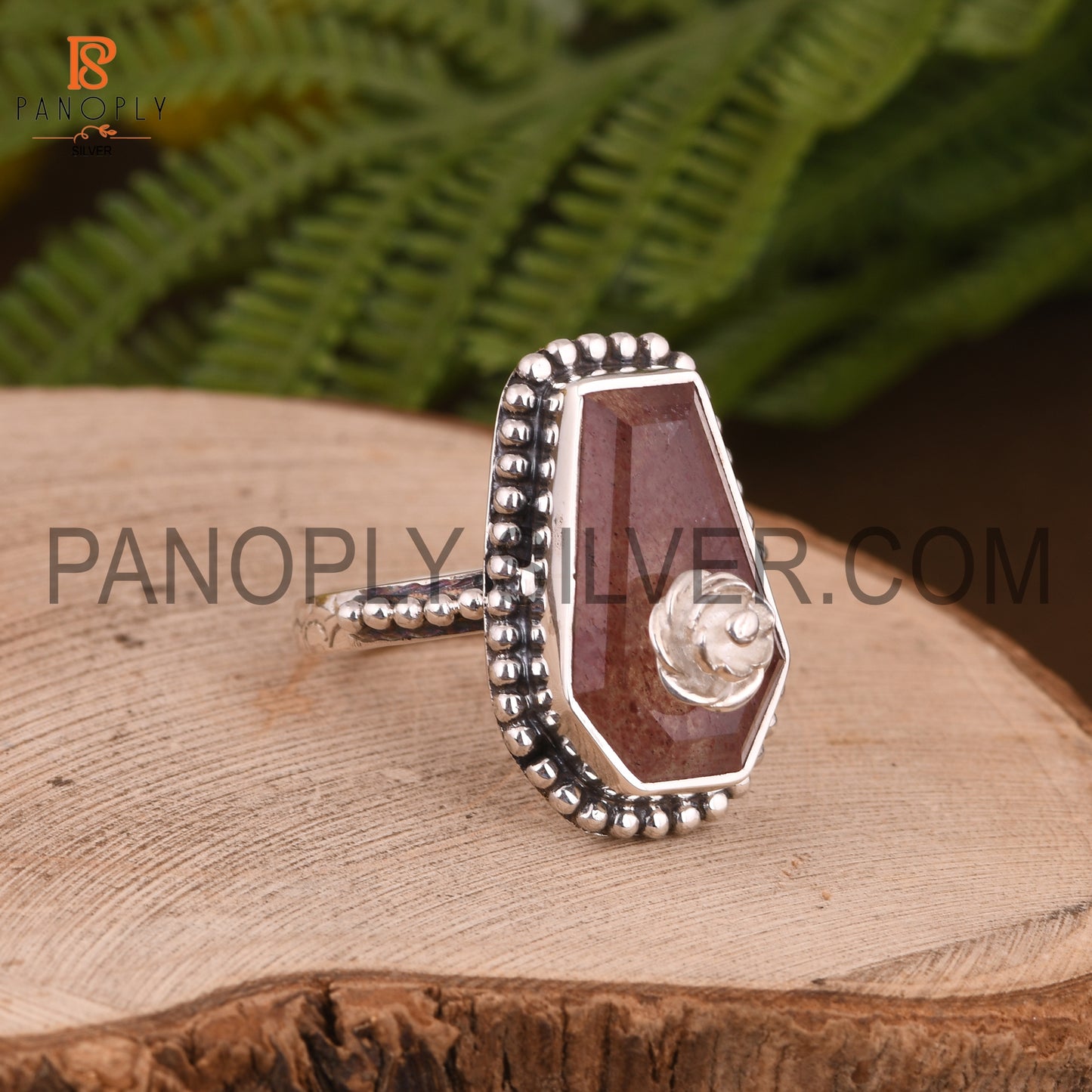 Coffin Cut Strawberry Quartz Set Oxidized 925 Silver Rings