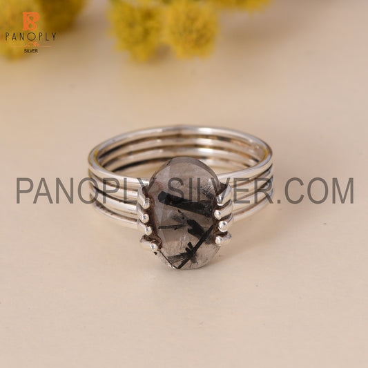 Four Band Prong Set Black Rutile Oval Stone Ring Gift For Mother