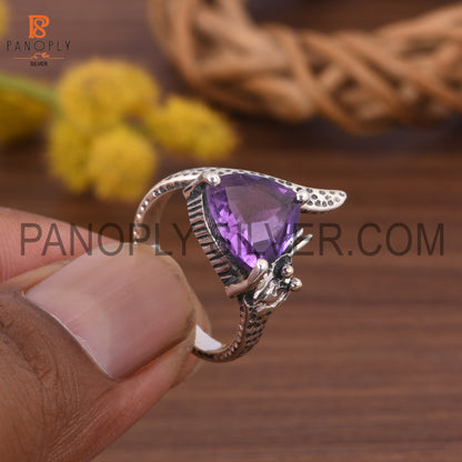 Amethyst Stone Trillion Shape Hammered Band Prong Ring