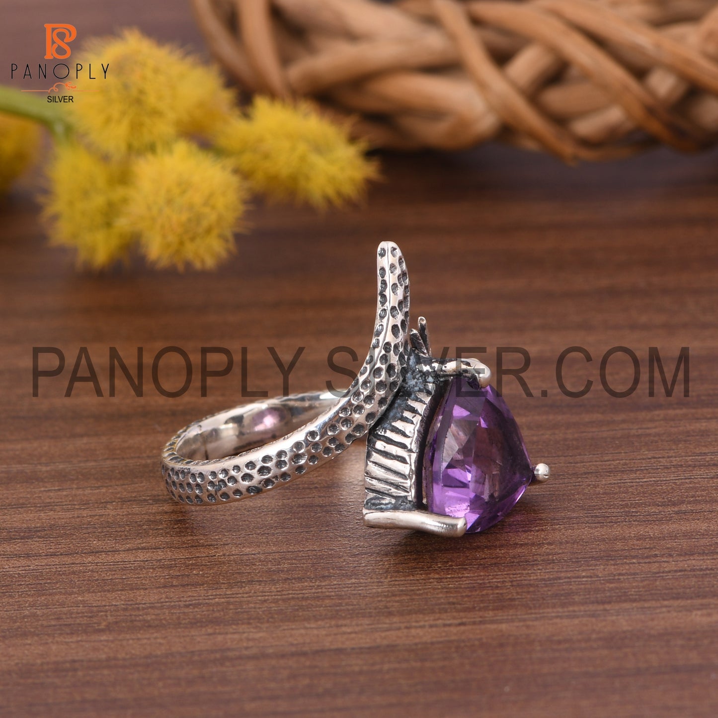 Amethyst Stone Trillion Shape Hammered Band Prong Ring