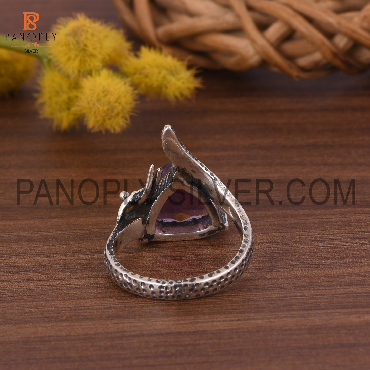 Amethyst Stone Trillion Shape Hammered Band Prong Ring