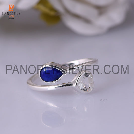 Sterling Silver Stone Crystal Quartz Lapis In Heart And Pear Ring