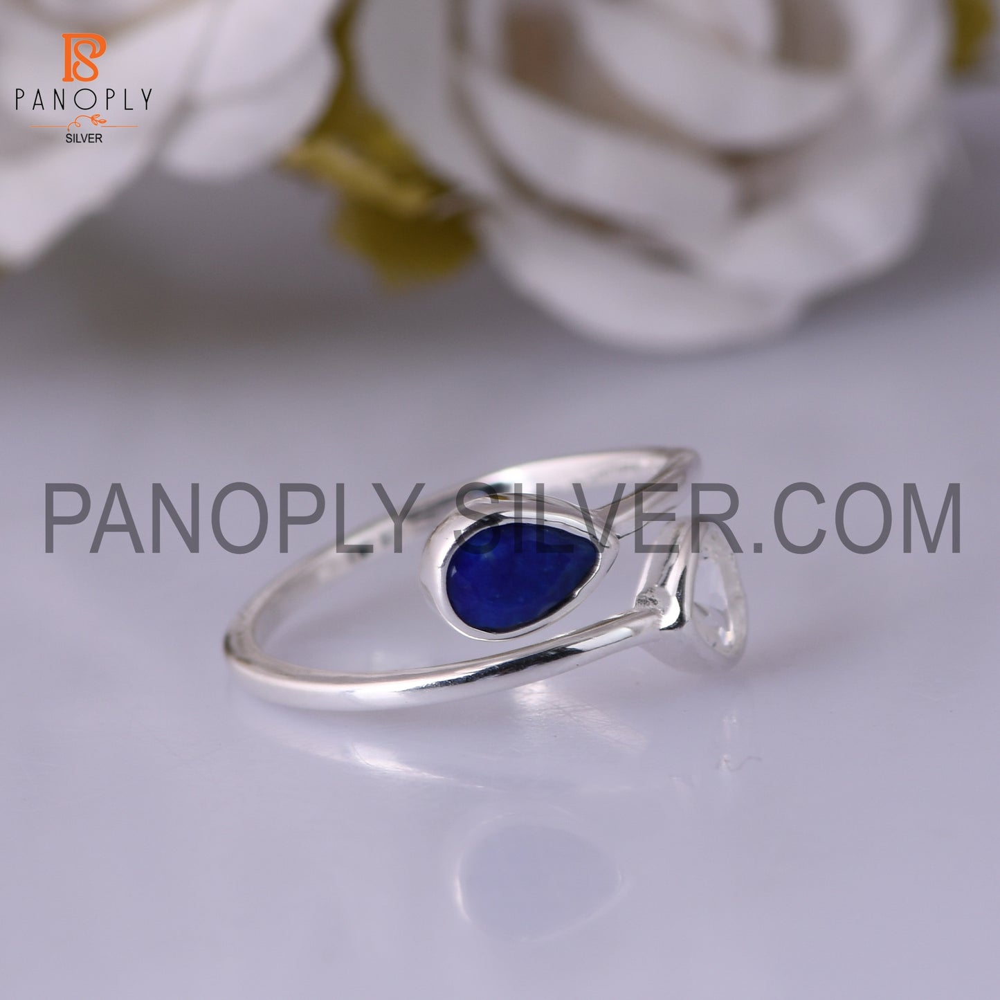 Sterling Silver Stone Crystal Quartz Lapis In Heart And Pear Ring