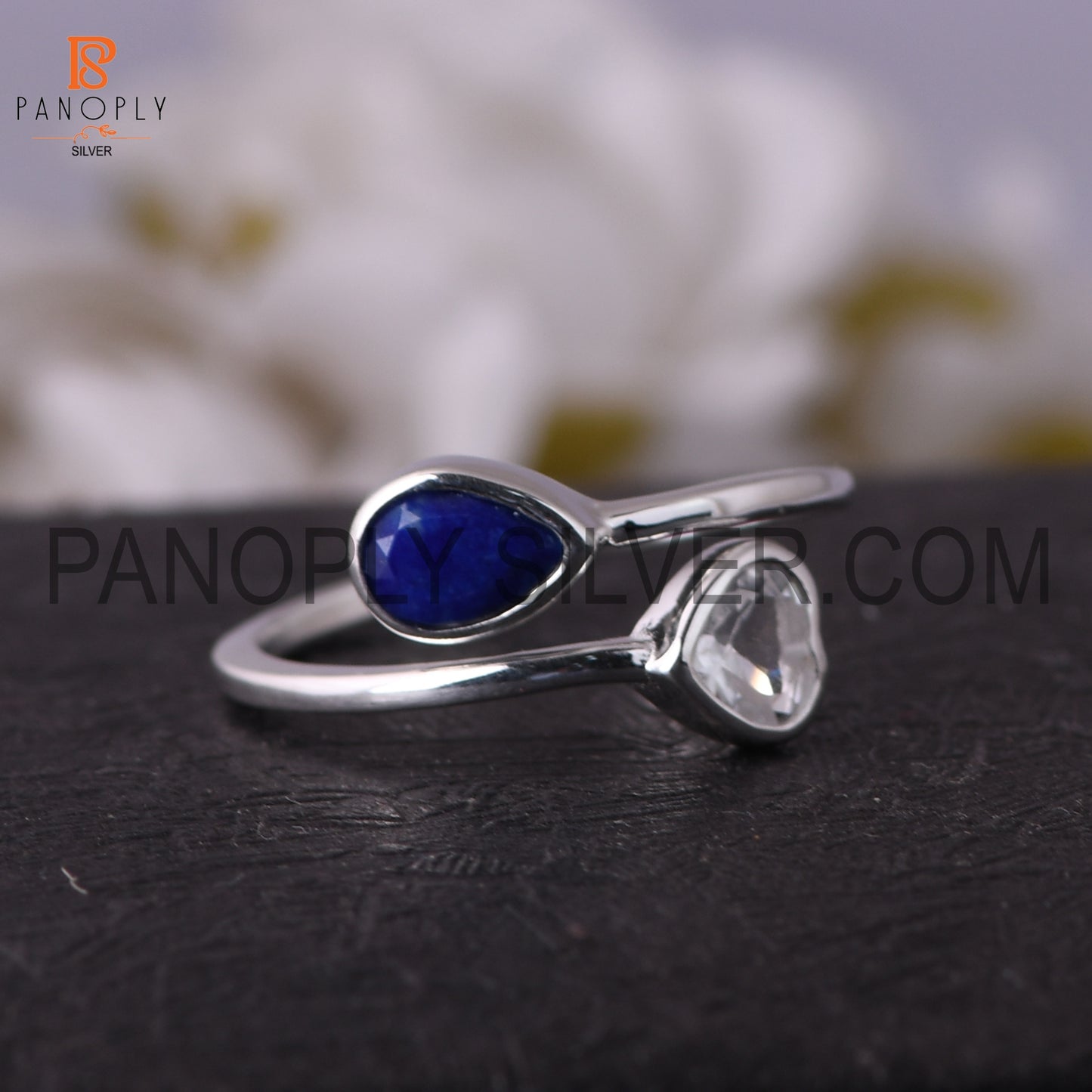 Sterling Silver Stone Crystal Quartz Lapis In Heart And Pear Ring