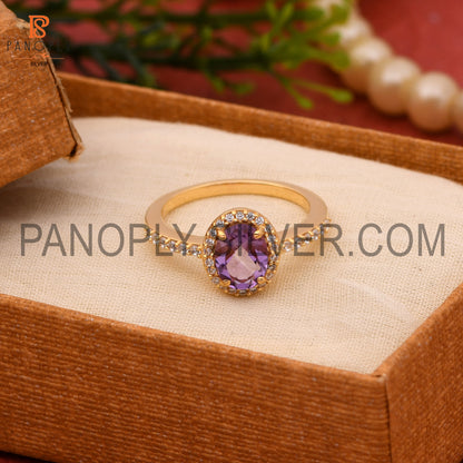 CZ Studded Amethyst Gem Hello Wedding Sparking Ring