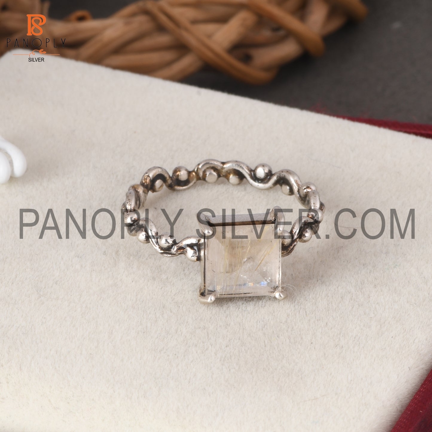 Golden Rutile Cut Square Beautiful Silver Oxidized Ring