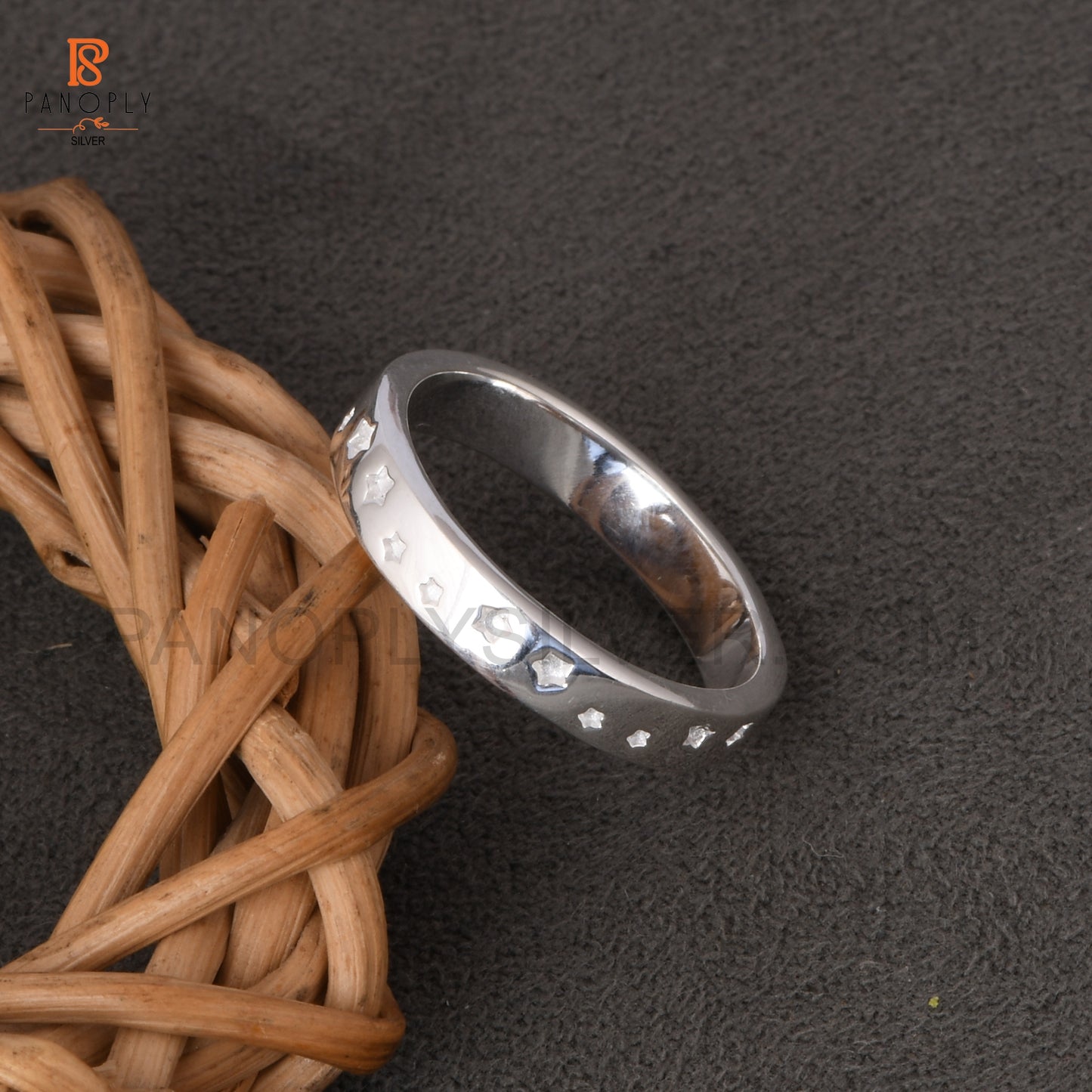 Celtic-Inspired 925 Silver Star Textured Band Ring