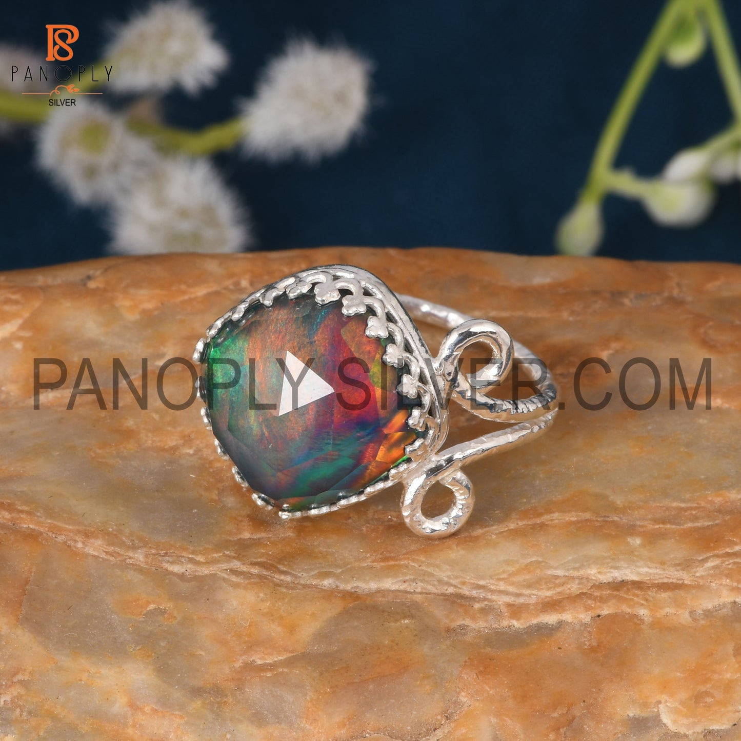 Aurora Opal Red Green 925 Quality  Silver Filigree Band Rings